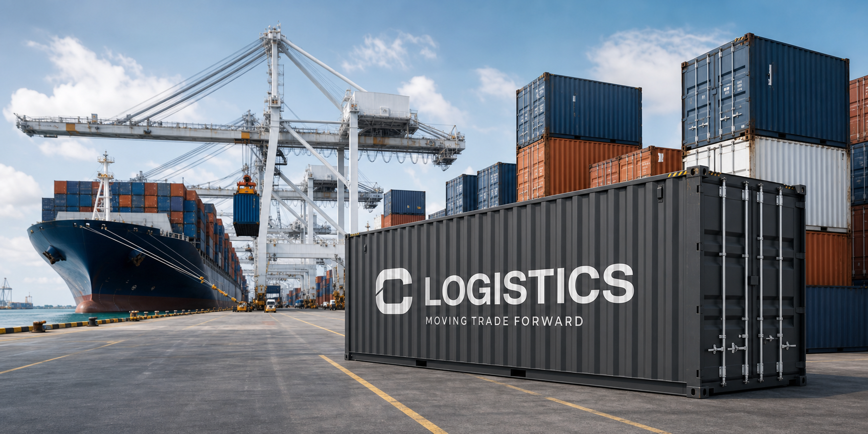 C Logistics branded shipping container at an international port