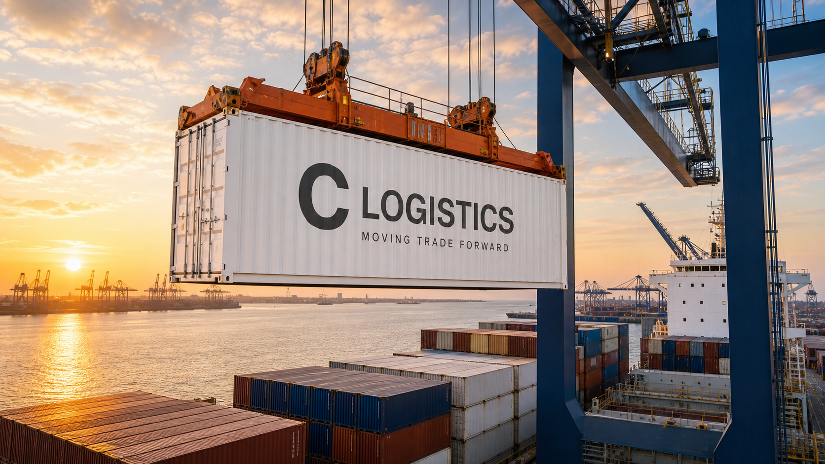 C Logistics branded shipping container being lifted at an international port